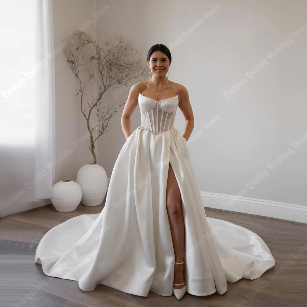 

Романтические сексуальные женские свадебные платья трапециевидной формы, элегантные атласные свадебные платья принцессы, гладкая ткань, Vestidos De Noivas по индивидуальному заказу 2025