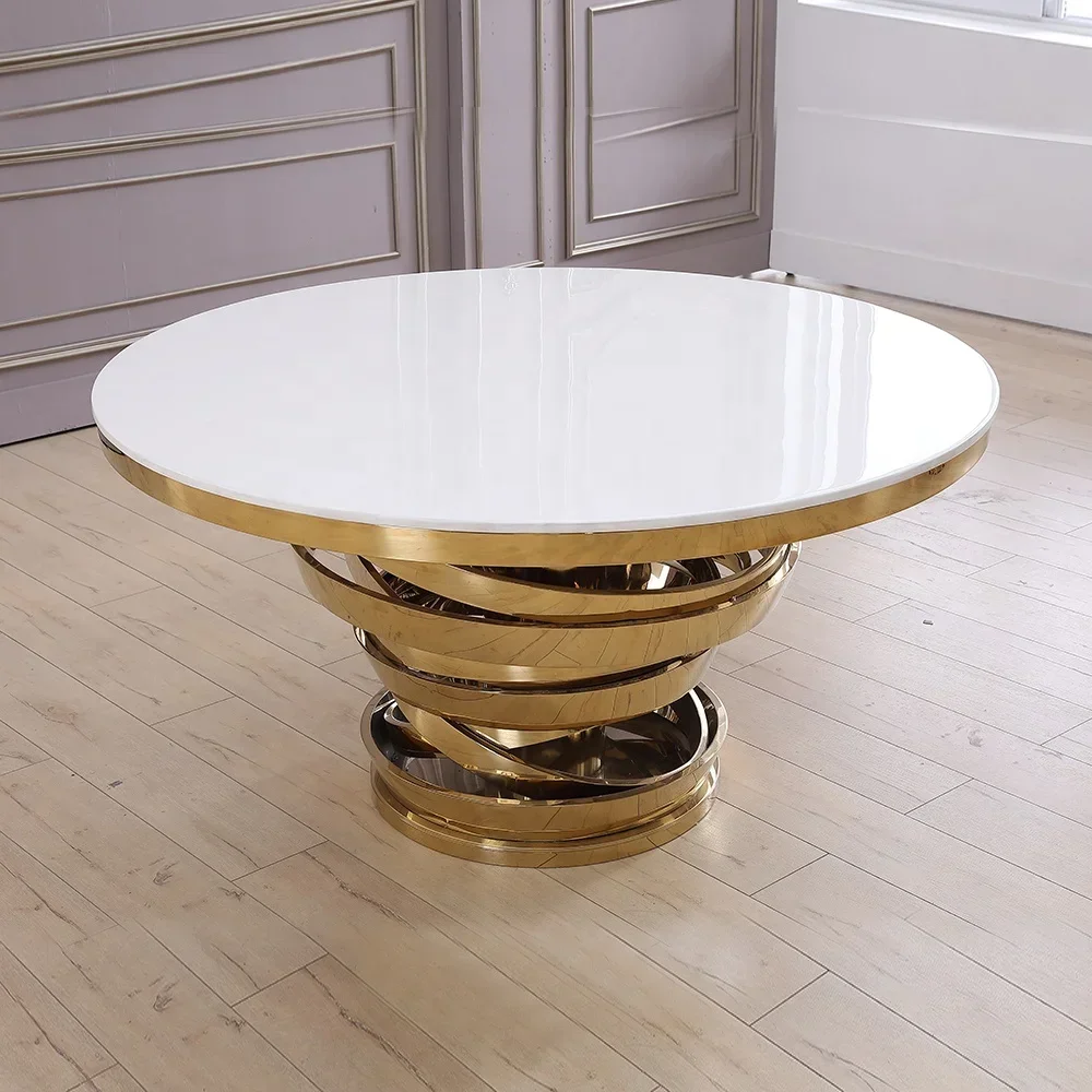 Round Dining Room Table Gold Color Furnitures Luxury Modern Stainless Steel Brushed Furniture