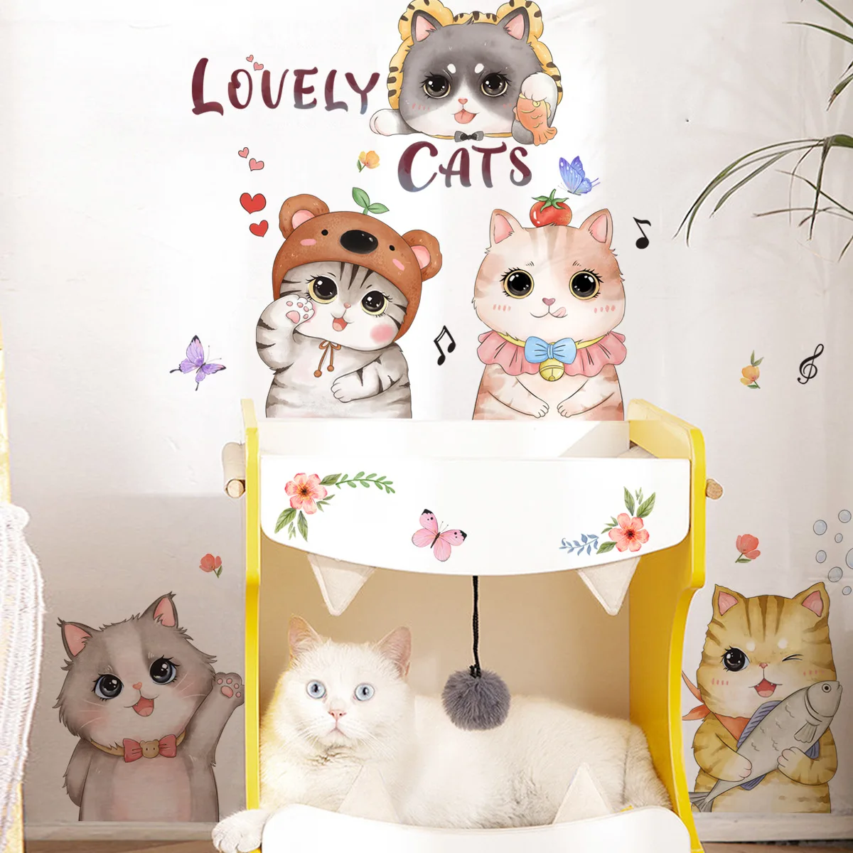 Cat Wallpaper Stick And Peel Self-Adhesive English Lovely Cats Kitten Butterfly Mural 3PCS Cartoon Removable Decorative Cat Wall