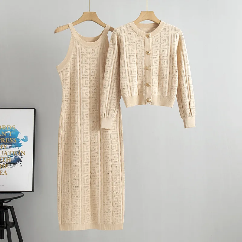 ZJYT Autumn Winter Long Sleeve Knitted Cardigan Sweater and Sleeveless Dress 2 Piece Clothing Women Vintage Casual Dress Female