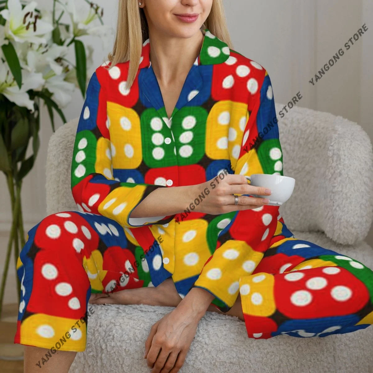 

Women Sleepwear Pajamas Abstract Geometrical Dices Long Sleeve Pijama Female Set Negligee Cardigan Suit