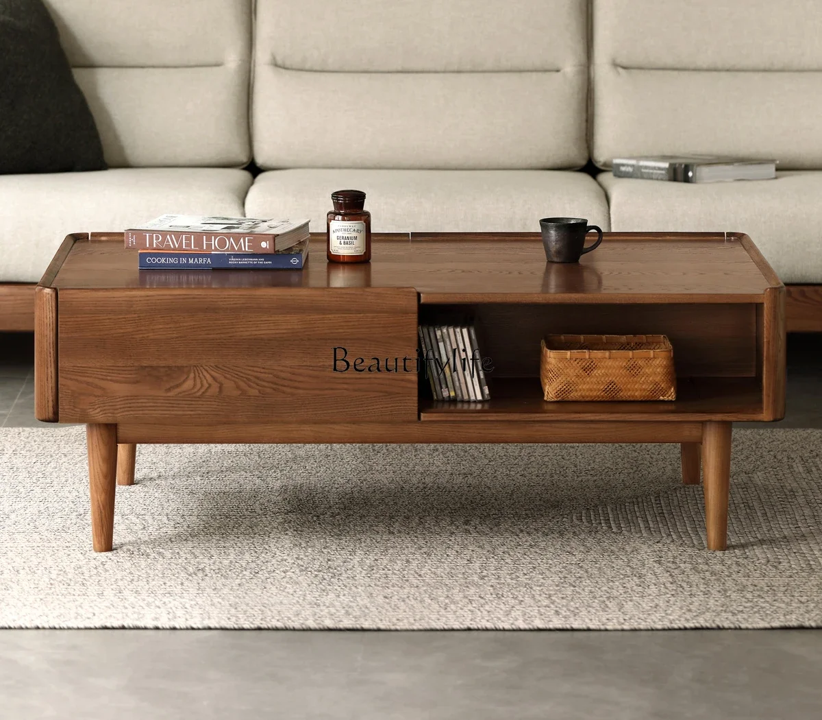 

Living room ash wood coffee table solid wood rectangular modern simple drawer storage table