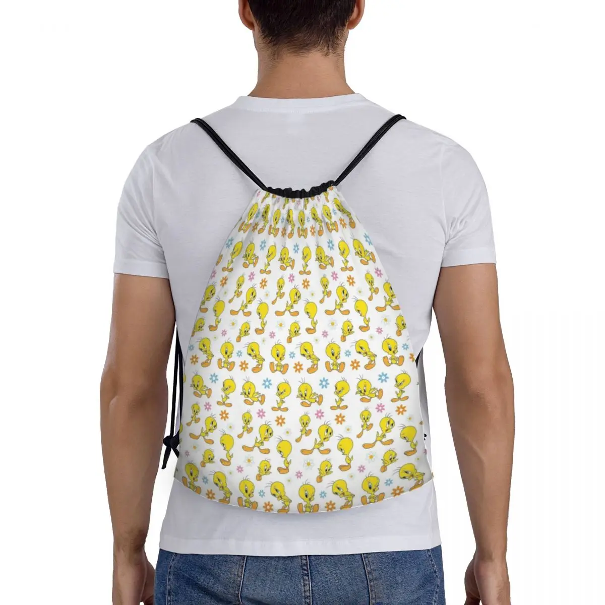 Custom Tweetys Cartoon Animation Yellow Bird Drawstring Backpack Sports Gym Bag for Women Men Shopping Sackpack