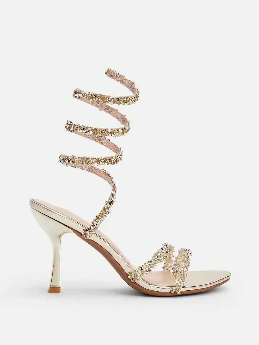 

Spiral Strap Crystal Embellished High Heel Sandals For Party Evening Wear