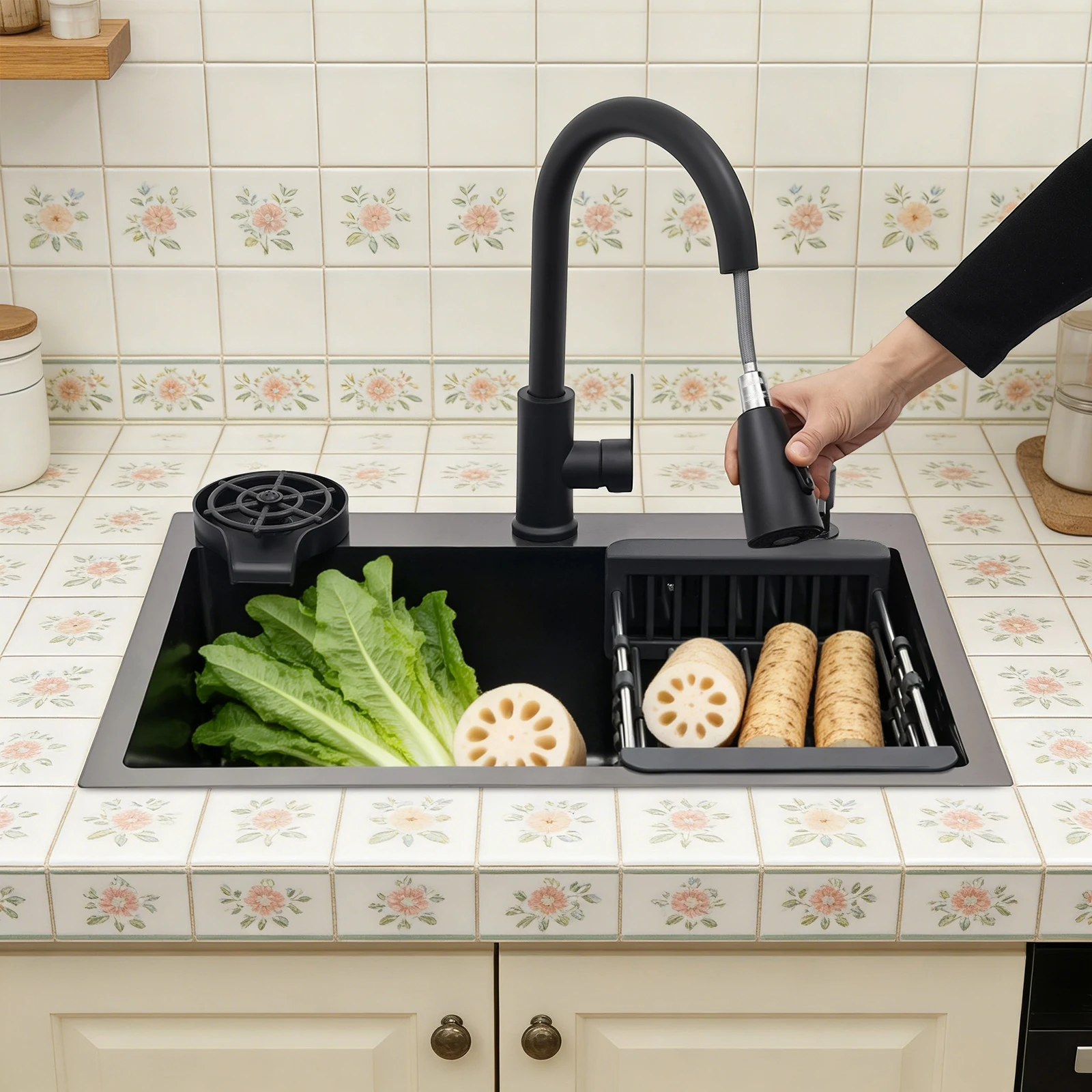 Kit de fregadero de cocina multifuncional de 60x45 cm con grifo extraíble, dispensador de jabón, cesta, fregadero individual de acero inoxidable, negro