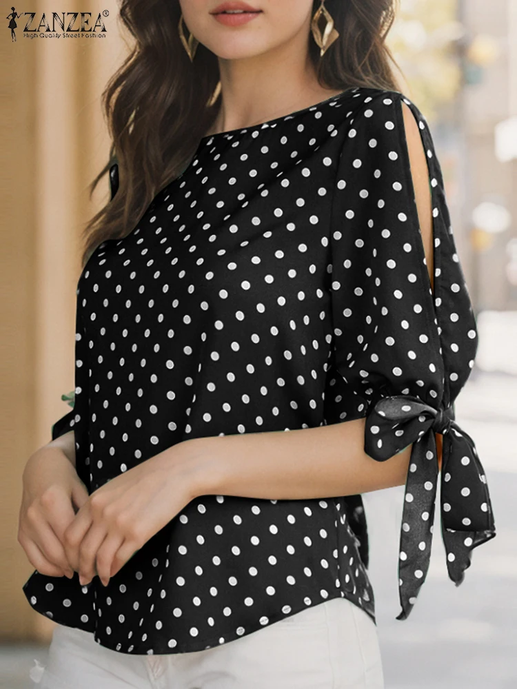 ZANZEA Fashion Summer Polka Dot Printed Shirts Women Blouse Elegant Half Sleeve Holiday Tops O Neck Work Blusas Lace Up Chemise