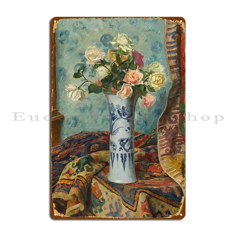 Vase Of Roses With Oriental Carpets Georges Daniel De Monfreid 1914 Metal Plaque Living Room Design Club Tin Sign Poster