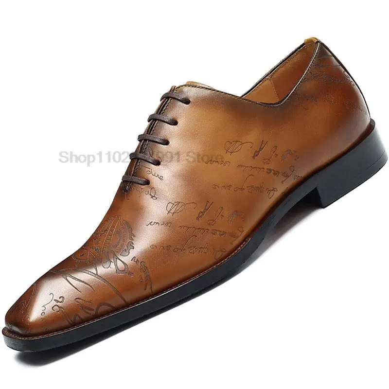 HNXC Genuine Leather Mens Formal Shoes Handmade Black Brown Carving Oxfords Business Lace Up Plain Toe Wedding Dress Shoes