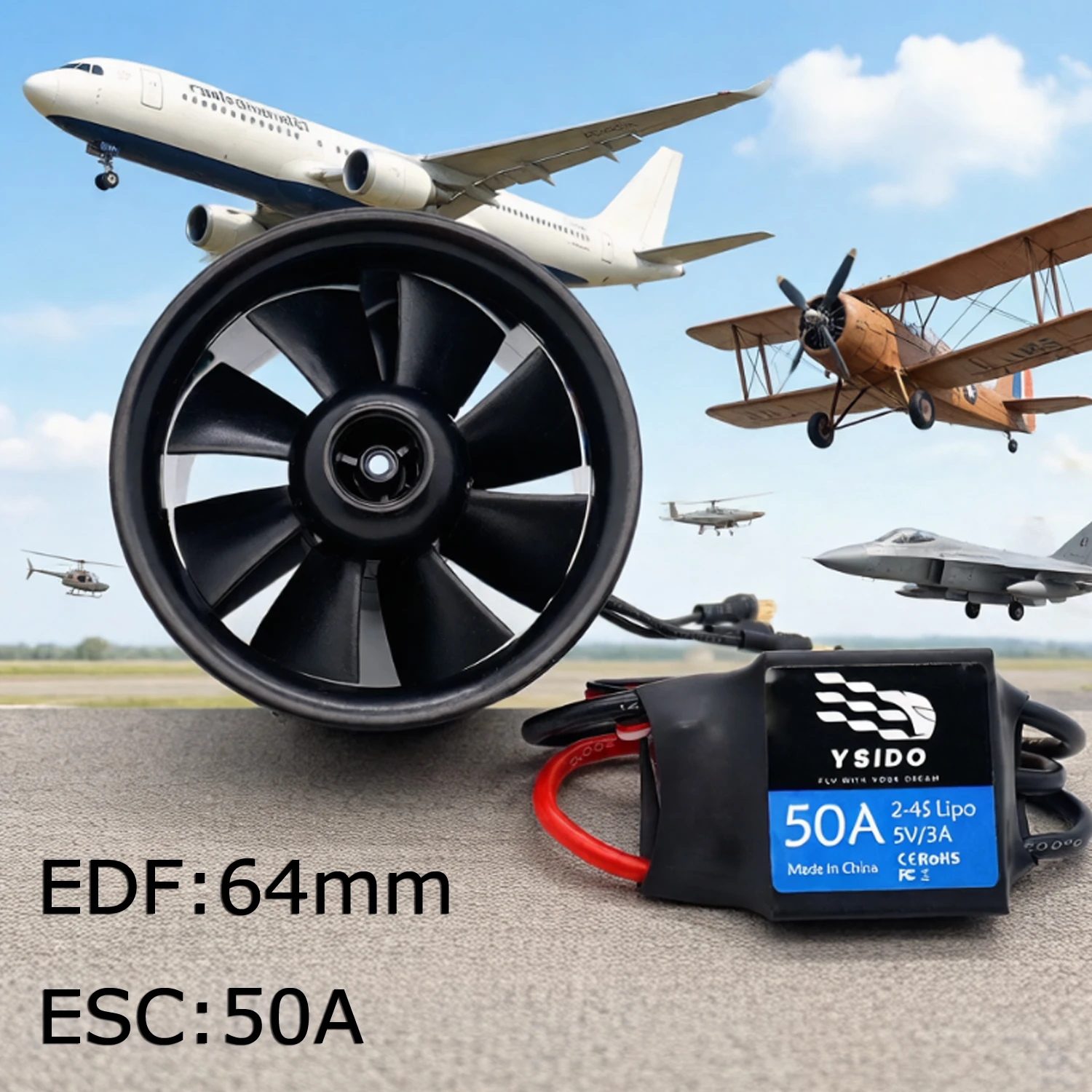 YSIDO 64mm 8Blades EDF CCW with Motor 3S 4S Ducted Fan 50 ESC for RC Jet Plane & Helicopter High Thrust Power System DIY Parts