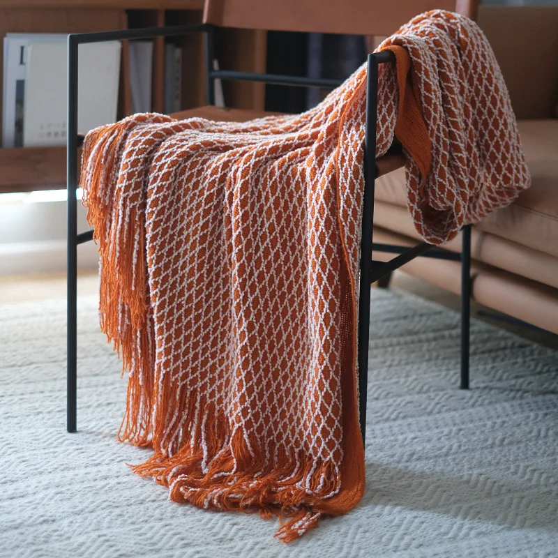 

Nordic Acrylic Winter Bed Blanket Knitted Plaid Sofa Cover Tassel Picnic Camping Throw Blanket Comfort Bedspread on the Bed