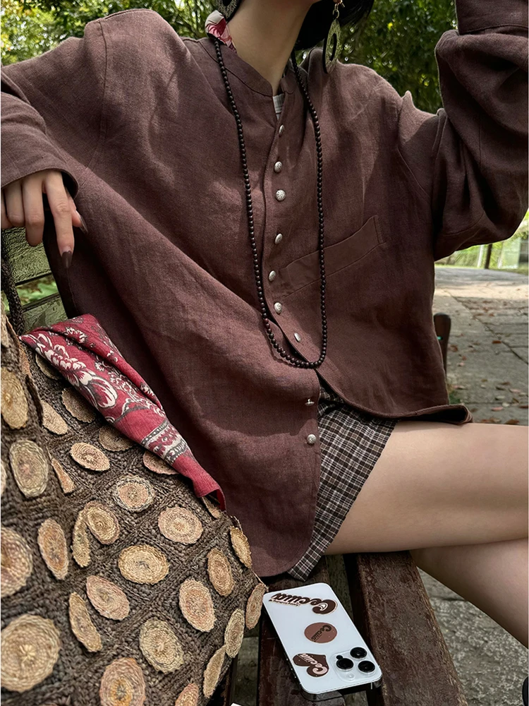 New Chinese Style Women's Linen Shirt Jacket Loose Casual Long Sleeve Cotton Linen Top Silver Buckle Autumn Wear Sun Protection view 4