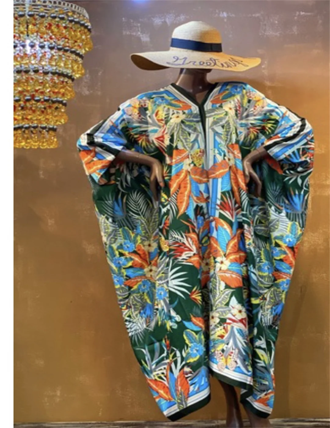 Middle East Fashion Blogger 2023 Summer Boho V-Neck Muslim Lady Batwing Sleeve Silk Printed Kaftan Dress Causal African Designer