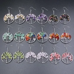10pairs Tree of Life Drop Earrings Natural Chip Gem Stone Opal Tiger Eye Pink Crystal Dangle Hook Earring Women Jewelry