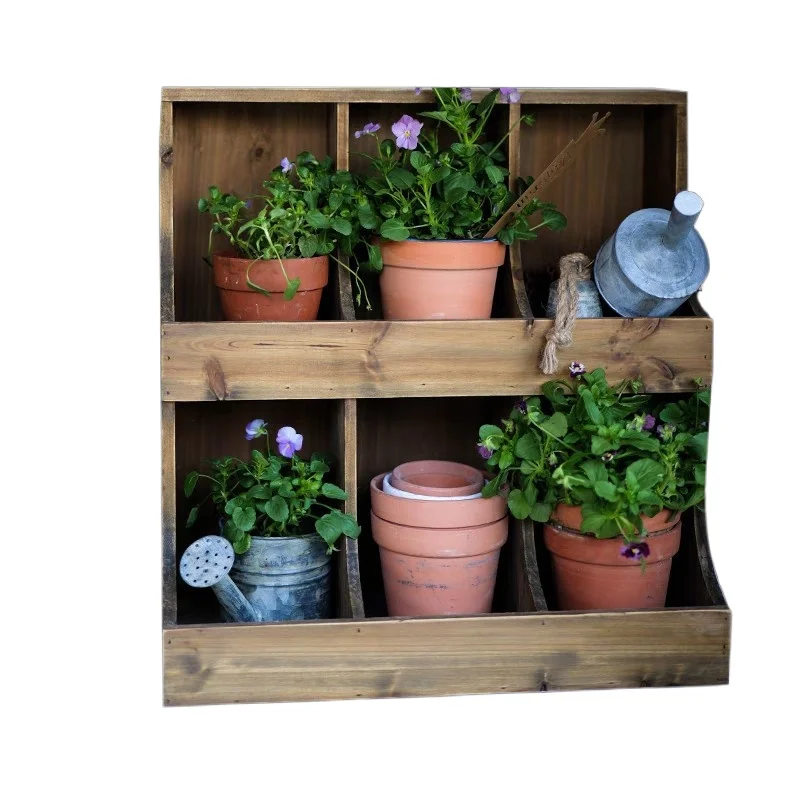 

Grocery retro and old wood color desktop wooden storage cabinet, trapezoidal six-grid storage rack lattice cabinet
