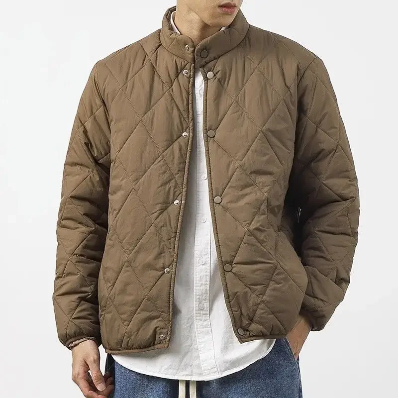 

Diamond Grid Winter Clothes Men Coat Thickened Warmth Lightweight Cotton Jackets Tops Outerwear Solid Color Parka