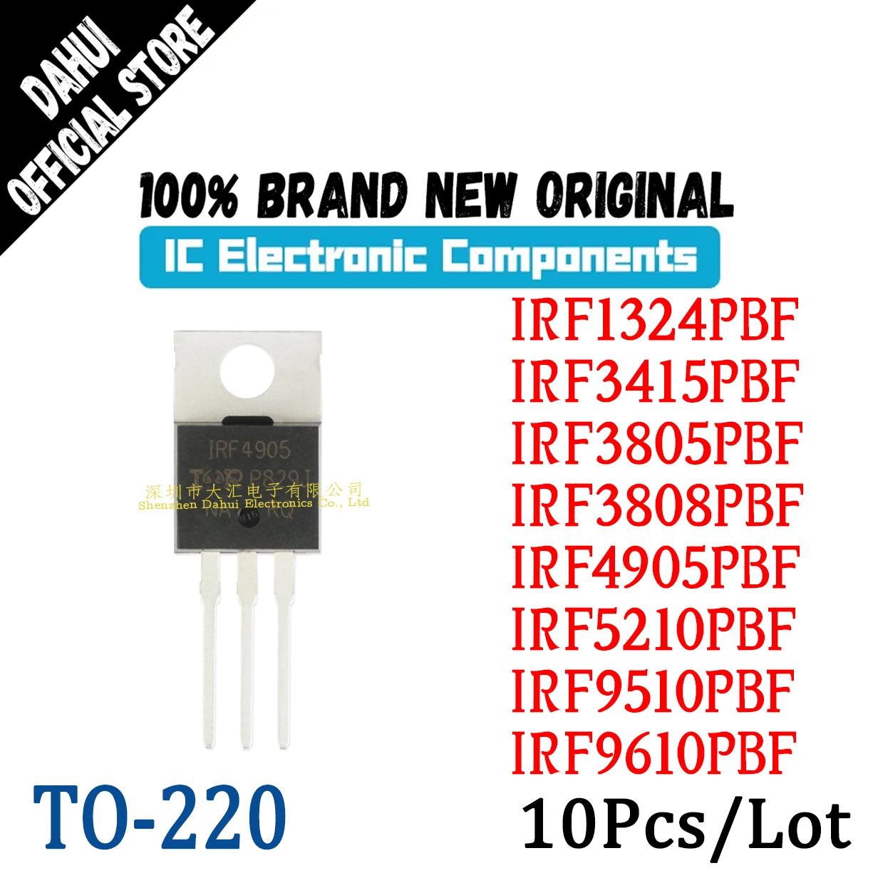

10Pcs IRF1324PBF IRF3415PBF IRF3805PBF IRF3808PBF IRF4905PBF IRF5210PBF IRF9510PBF IRF9610PBF IC Chip MOSFET TO-220