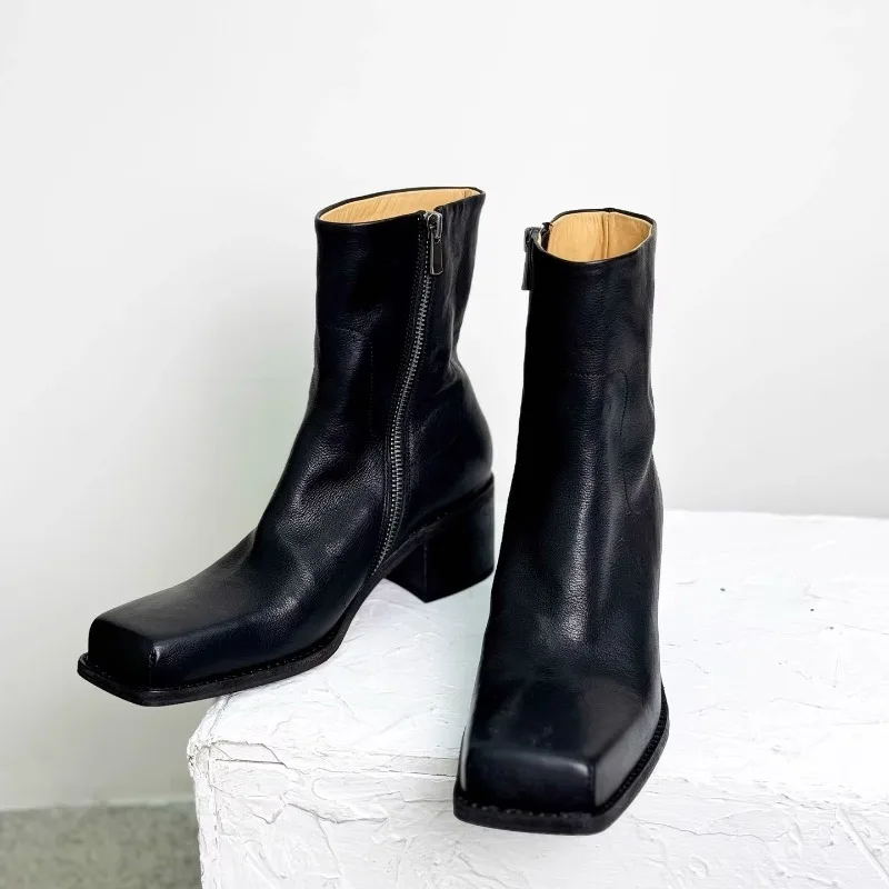 Handmade Retro Genuine Leather Ankle Boots Women's High Heel Shoes Comfortable Work Outdoor Hiking Chelsea Boots Female