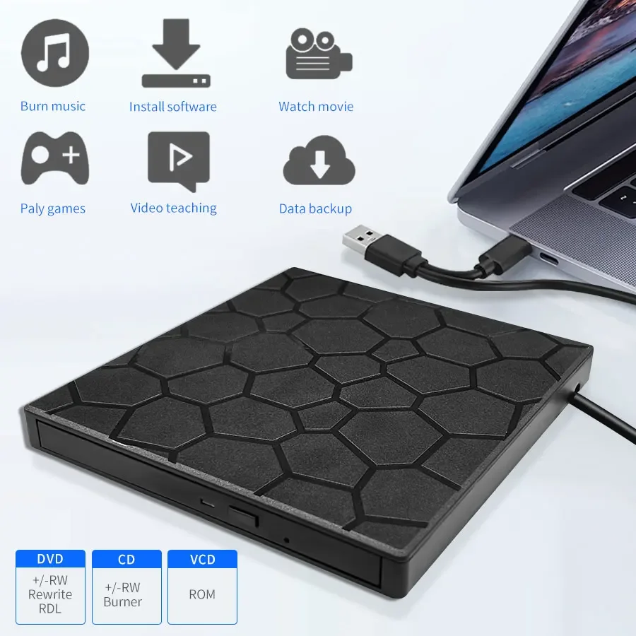 7 em 1 USB 3.0 Tipo C Unidade de CD/DVD Externa Leitor Portátil Escritor Unidade de Disco Óptico Queimador de CD para Desktop Mac Windows Linux