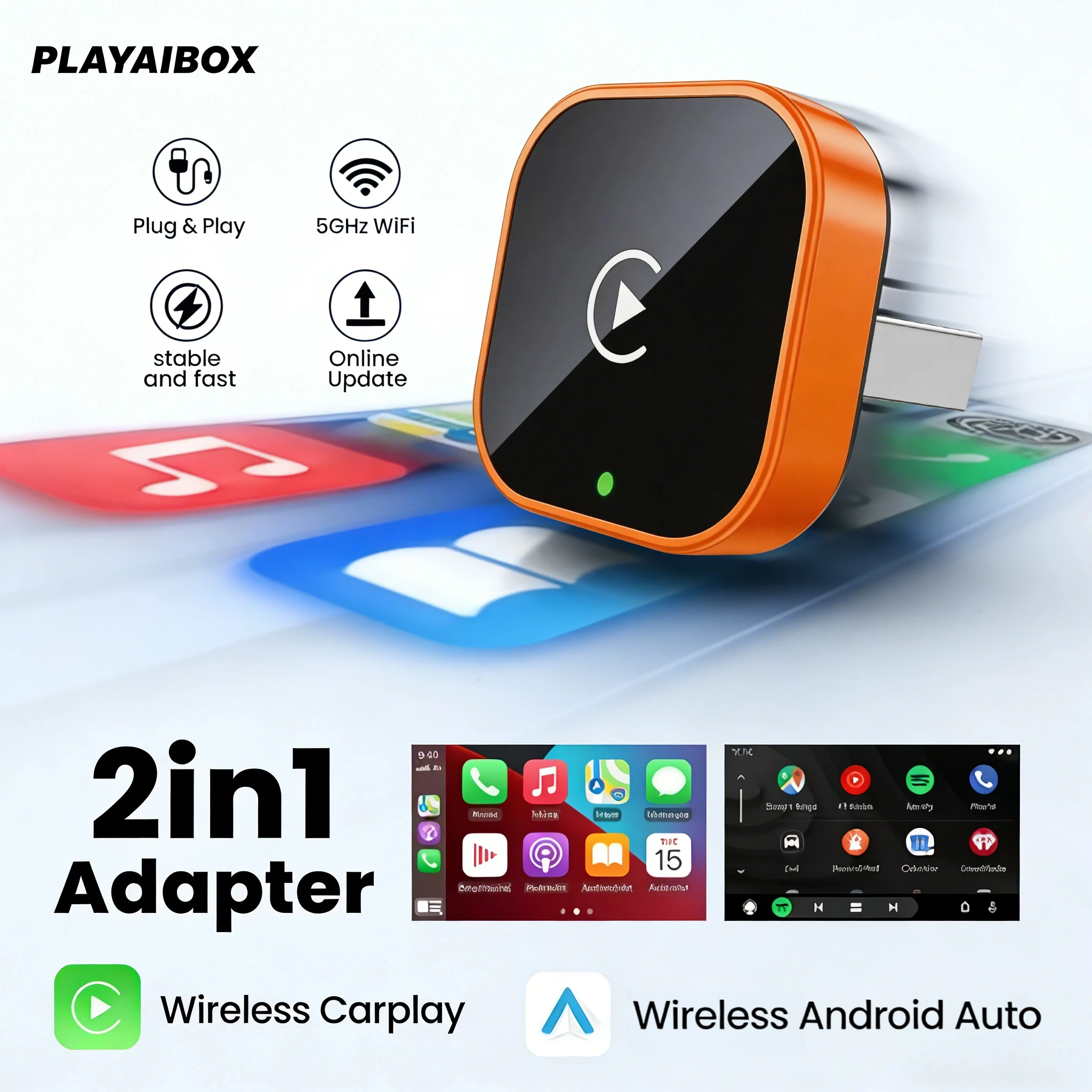

Беспроводной адаптер 2-в-1 для CarPlay и Android Auto с Wi-Fi, Plug & Play, для оригинальных проводных CarPlay систем Toyota, VW, Kia, Ford, Honda, Audi.