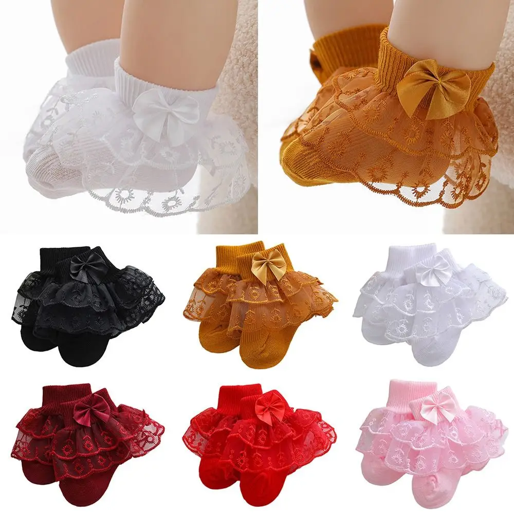 Double-Layer Baby Girls Lace Socks Thin Soft Princess Bow Dress Socks Breathable Elastic Fit Toddler Ruffle Ankle Socks