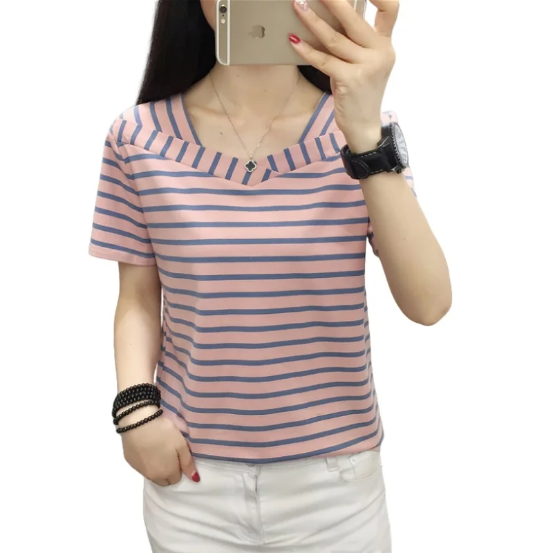 

Summer Women's Cotton Short Sleeve T-shirt Plus Size Loose Casual Bottoming Shirt Fashion Striped V-neck Half Sleeve T-shirt