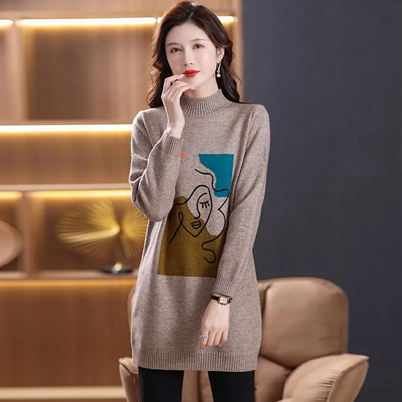 Middle Aged Mother Pullovers Vintage Printed Half High Collar Knitwears Pull Femme Autumn Winter Bottoming Sweater Women