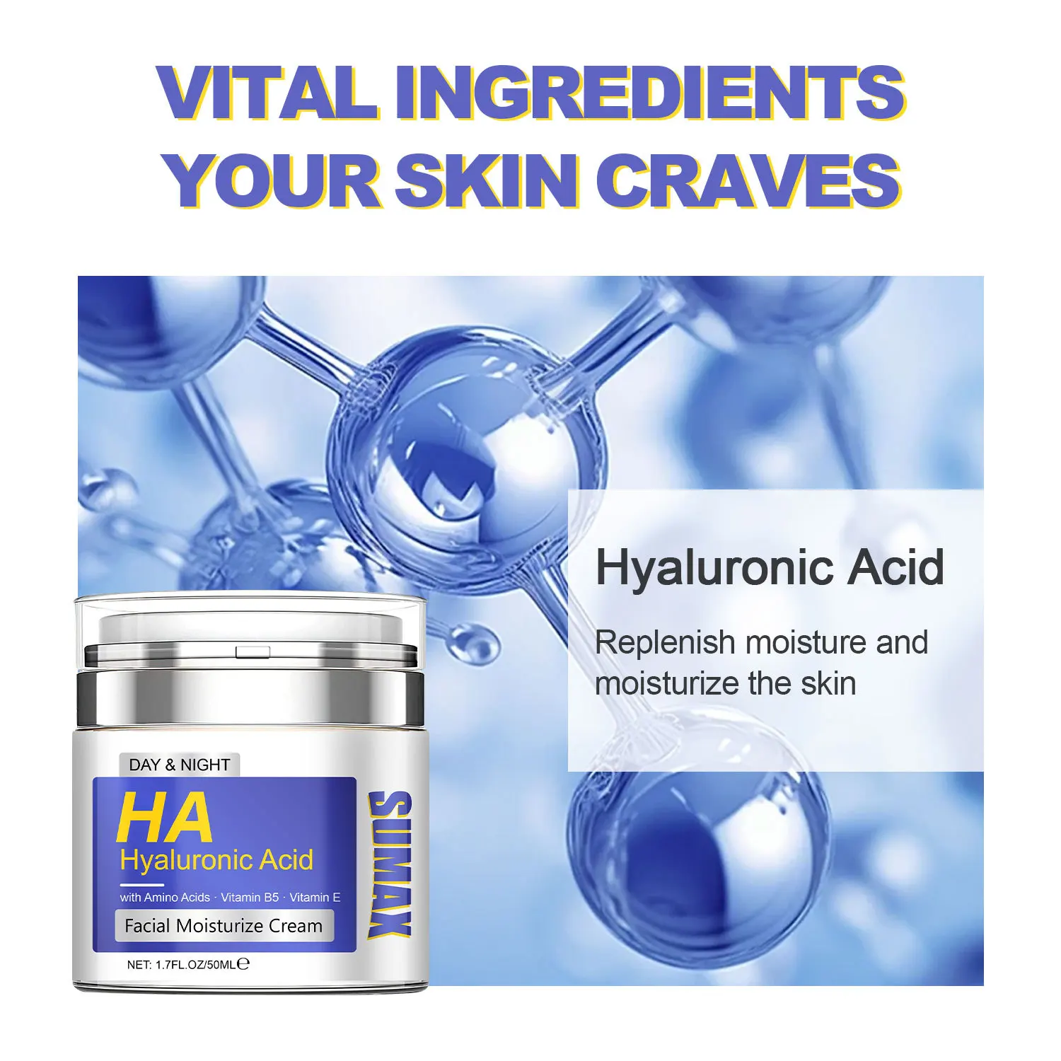 SUMAX Hyaluronic Acid Face Cream for Faical Moisturizing Brightening Nourishing Hydrating Firming Facial Creams Face Skin Care