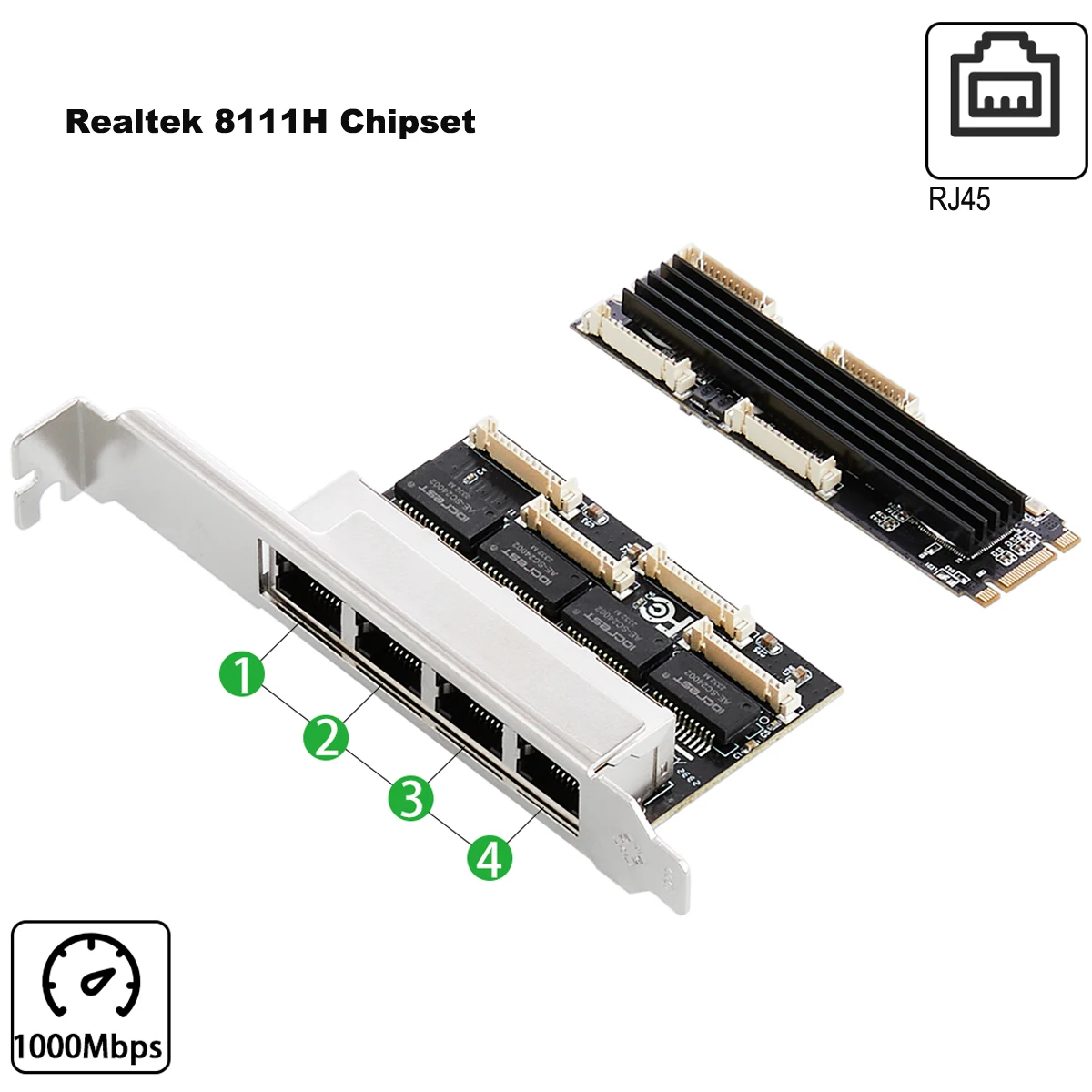 IOCREST M.2 PCI-e 4 Port Port Gigabit Ethernet M key B key 1000Mbps 1G Nic Network Card RealTek RT8111H Chipset NAS For Gaming