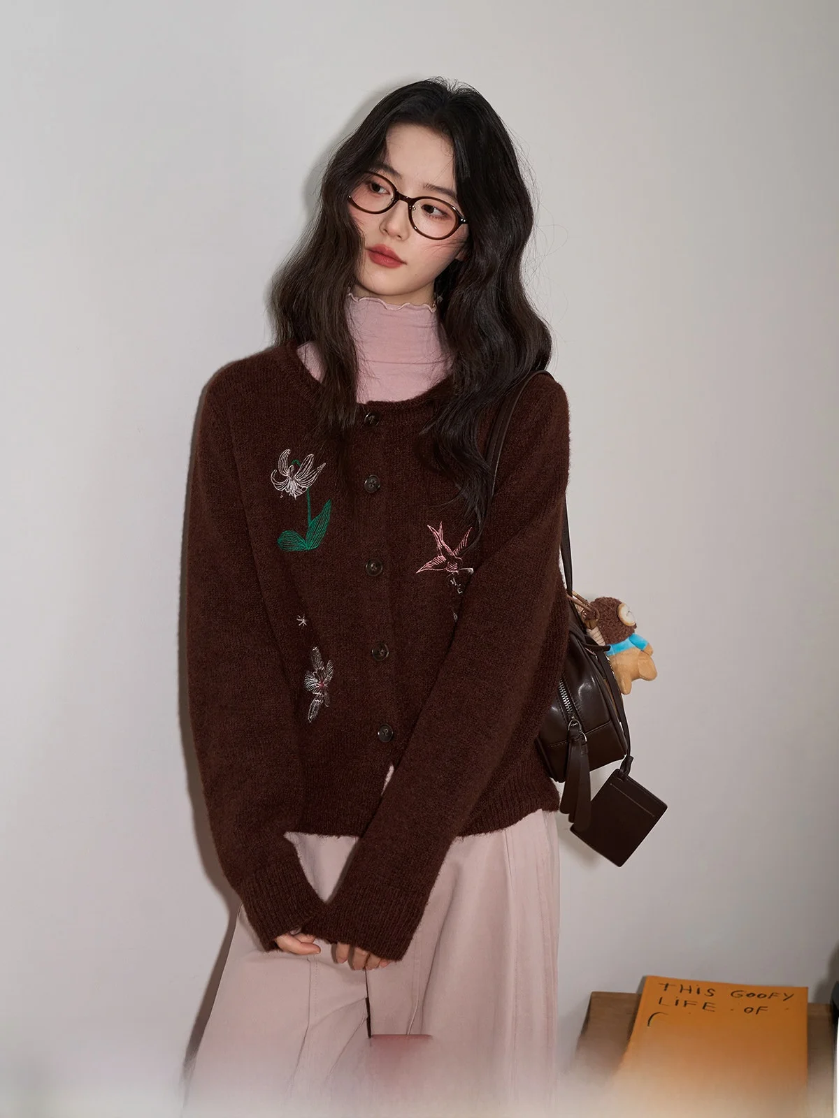 

Brown round Ne Embroidered ort Knitted Sweater Coat Women's Loose Long Sve Outerwear Comfortable Casual Sle for Autu...