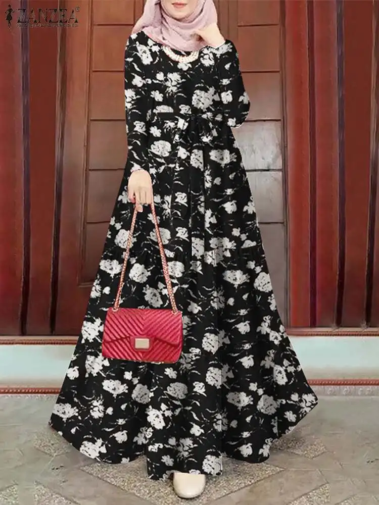 Women Muslim Long Dress ZANZEA Turkey Abaya Eid Mubarek Robe IsIamic Hijab Vestido Vintage Long Sleeve Floral Printed Sundress