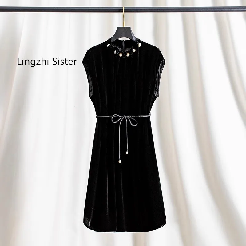 Lingzhi Sister Pearl Female Dress Top Quality Elegant Silk Velvet Dresses Official Formal Vestidos Sleeveless Silk New Arrival