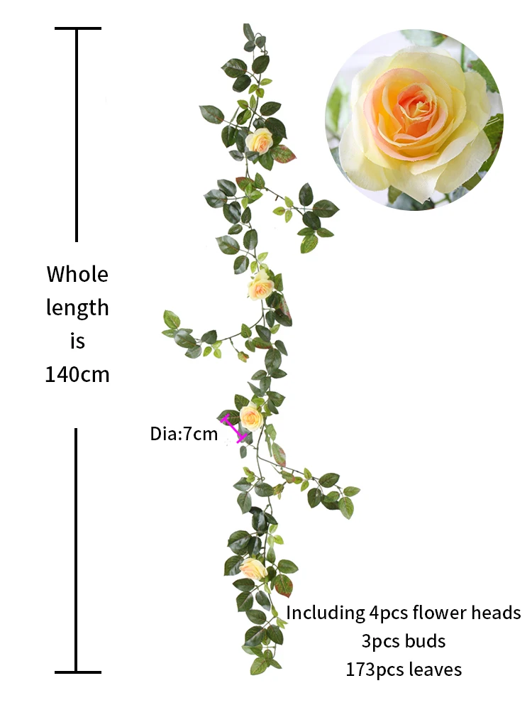 Lifelike 140cm Artificial Rose Flowers Vine Silk Plant Wall Hanging Garland For Christmas Home Wedding Outdoor Garden Decoration