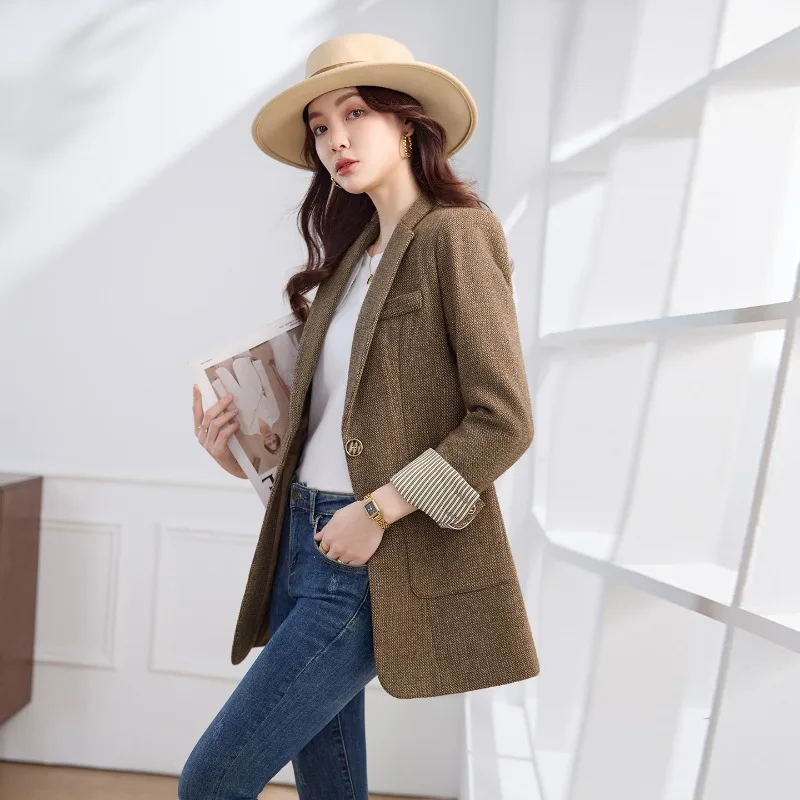2026 Fashion Suit Jacket Women's Office Casual Blazers Spring Autumn Single Button Woolen Coat Streetwear Slim Blazers Outerwear