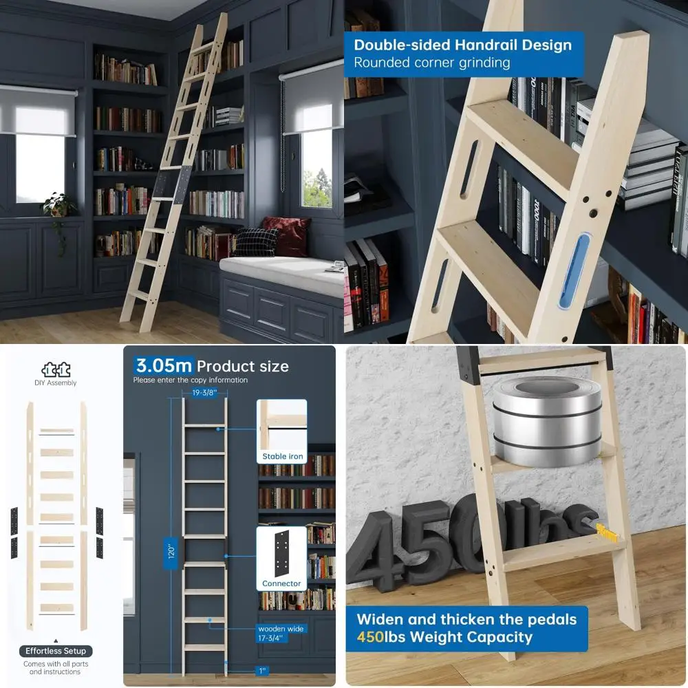 Escalera de madera de 10 pies con pasamanos integrado para uso multiusos: acceso a loft, estantes para biblioteca, cocina y taller,