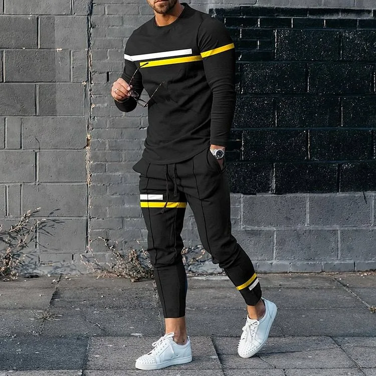 Fashion Simple Stripes 3D Print Men's Sportswear Set Long-Sleeved T Shirt Pants 2-Piece Set Oversized Pullover Men Clothing