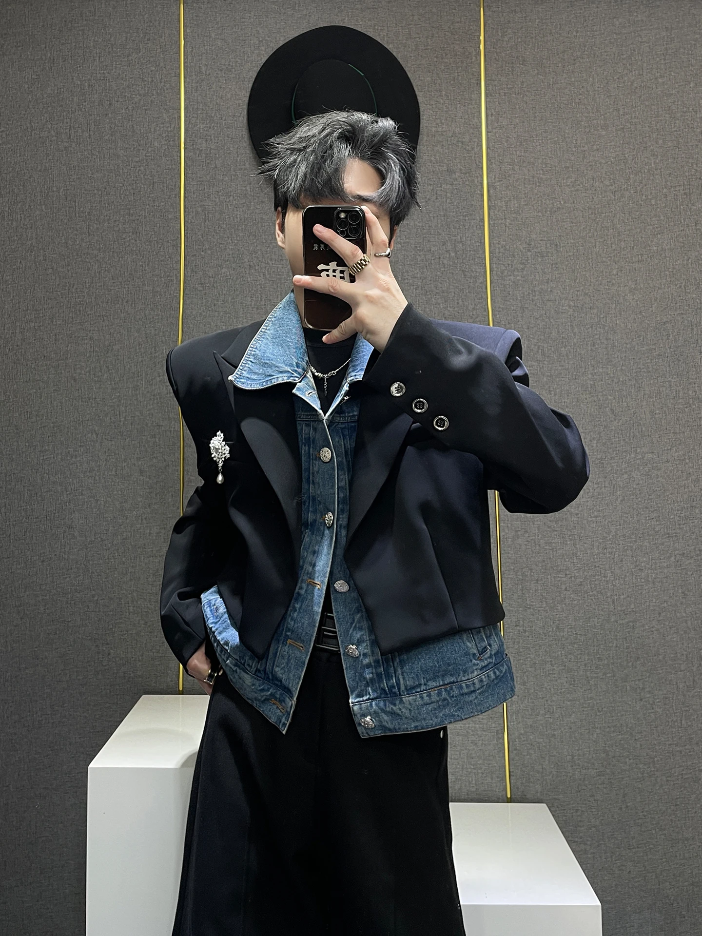 

Loose oulder Pad Design Men's Denim Patchwork Suit Jaet Faion Urban Sle Long Sve Single-breasted Coat for Autumn