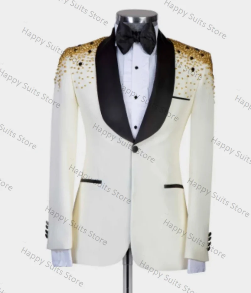 Gold Beaded White Groom Men Suit Set 2 Pieces Blazer+Black Pants Formal Work Wear Office Jacket Coat Trousers Wedding Tuxedos