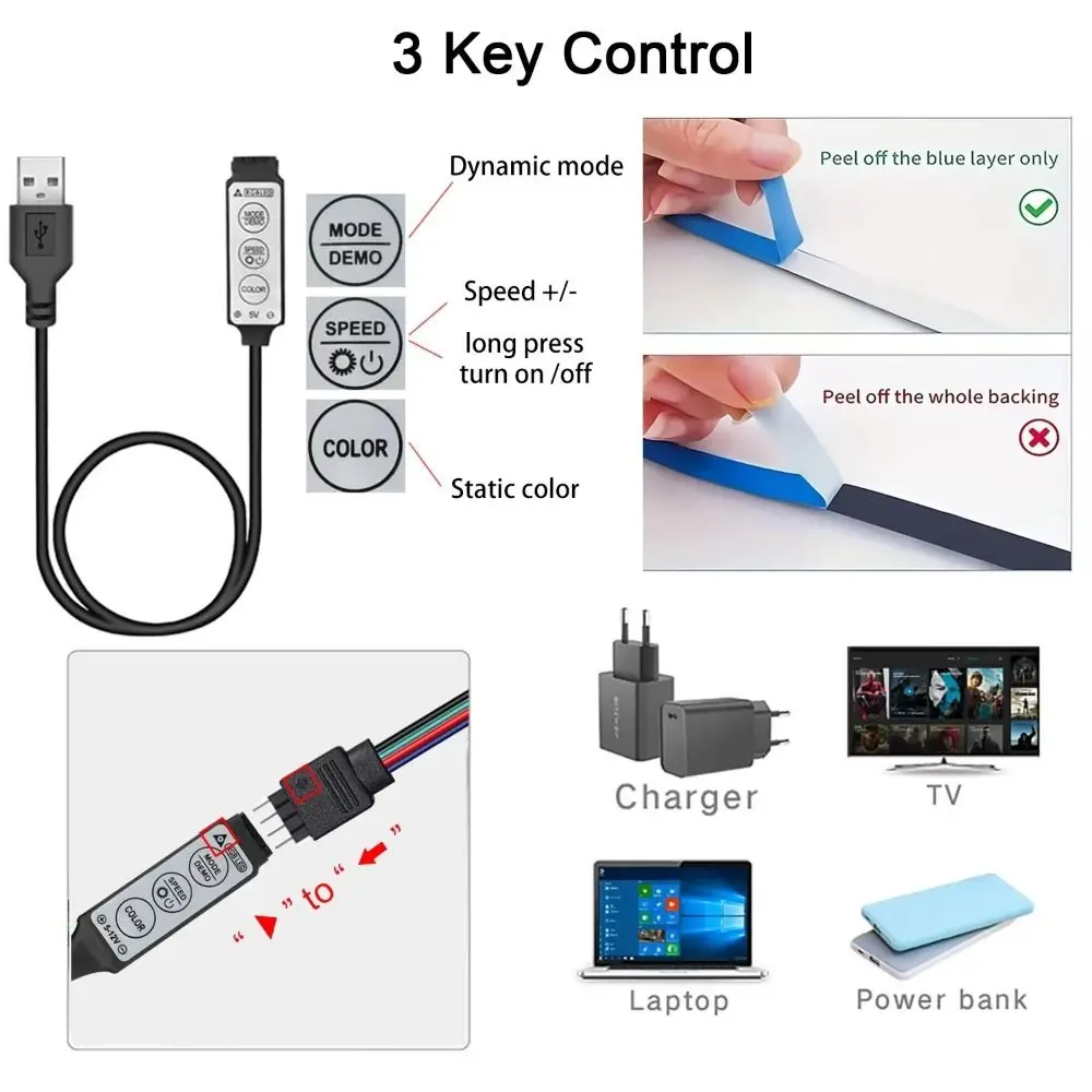 USB Powered RGB Light Strip Static Modes 3 Key Control LED Light Strip Color Light Dynamic Modes TV Background Light