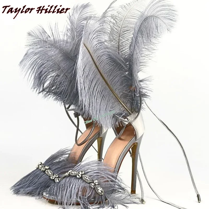 New Rhinestone Gray Feather High Heels Round Toe Open Toe Ankle Strap Super High Heel Women\'S Shoes Nightclub Catwalk Sandals 45