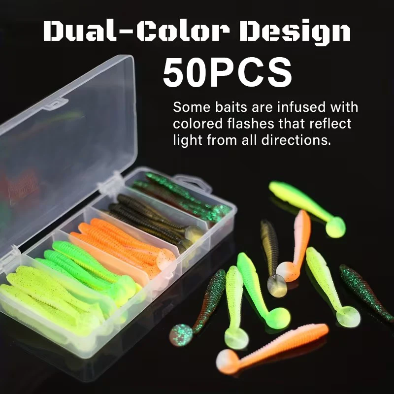 

50pcs Ribbed Paddle Tail Swimbaits 7.5 cm Mixcolor Soft Fishing Lures Wriggling Action for Bass fishing
