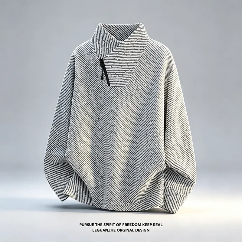 Mens Asymmetric Zip Stand Collar Long Sleeve Top Autumn Diagonal Stripe Textured Knit Loose Fit Casual Pullover Daily Wear Shirt view 3