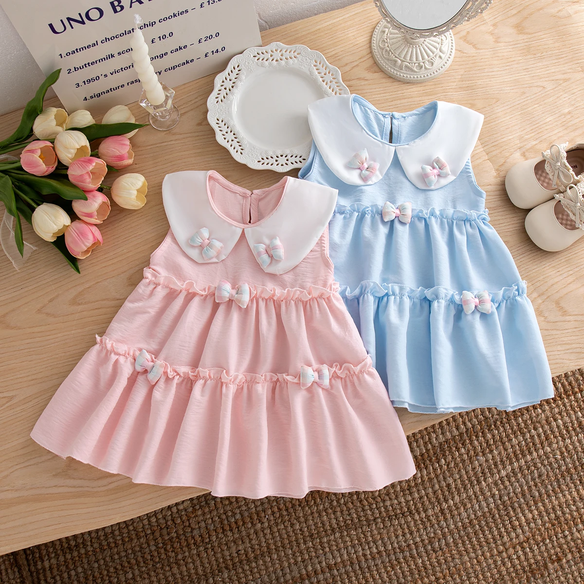 Baby-Mädchen-Kleid, Sommer, Baumwolle, Schleifenkragen, ärmellos, Mädchenkleider, Cartoon, niedlich, Strand, Baby-Mädchen-Kleidung