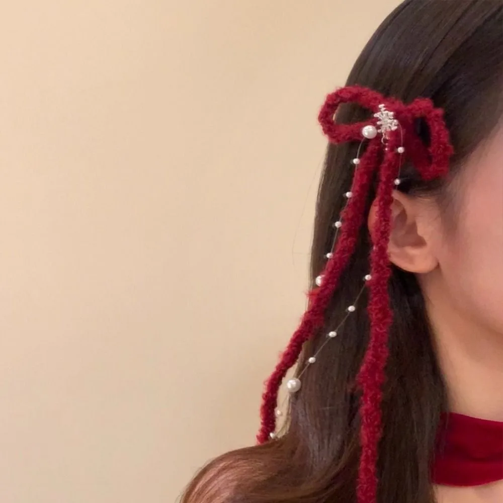 

Cute Tassel Red Bow Hairpin Snowflakes Pearl Long Ribbon Bow Hair Clip Rhinestone Y2k New Year Headwear Female Hair Accessories