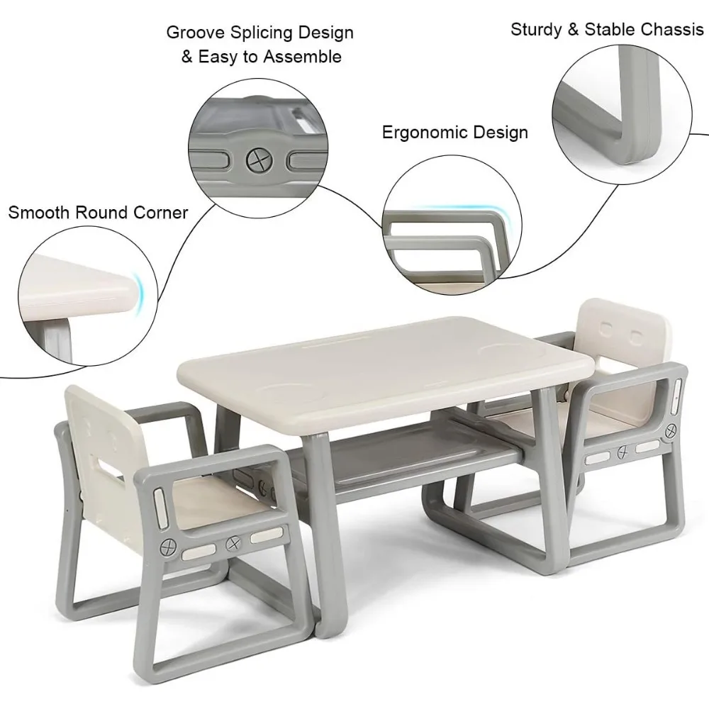 Juego de mesa y silla para niños, mesa de actividades y 2 sillas con estante de almacenamiento para artes, manualidades, lectura, dibujo, sala de juegos