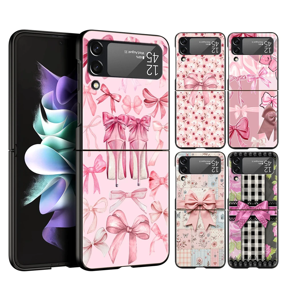 Hard PC Phone Case For Samsung Galaxy Z Flip 7 6 5 4 Black Cover For Galaxy Z Flip 3 Foldable Capas Bow-Knot Pink Bow Pattern