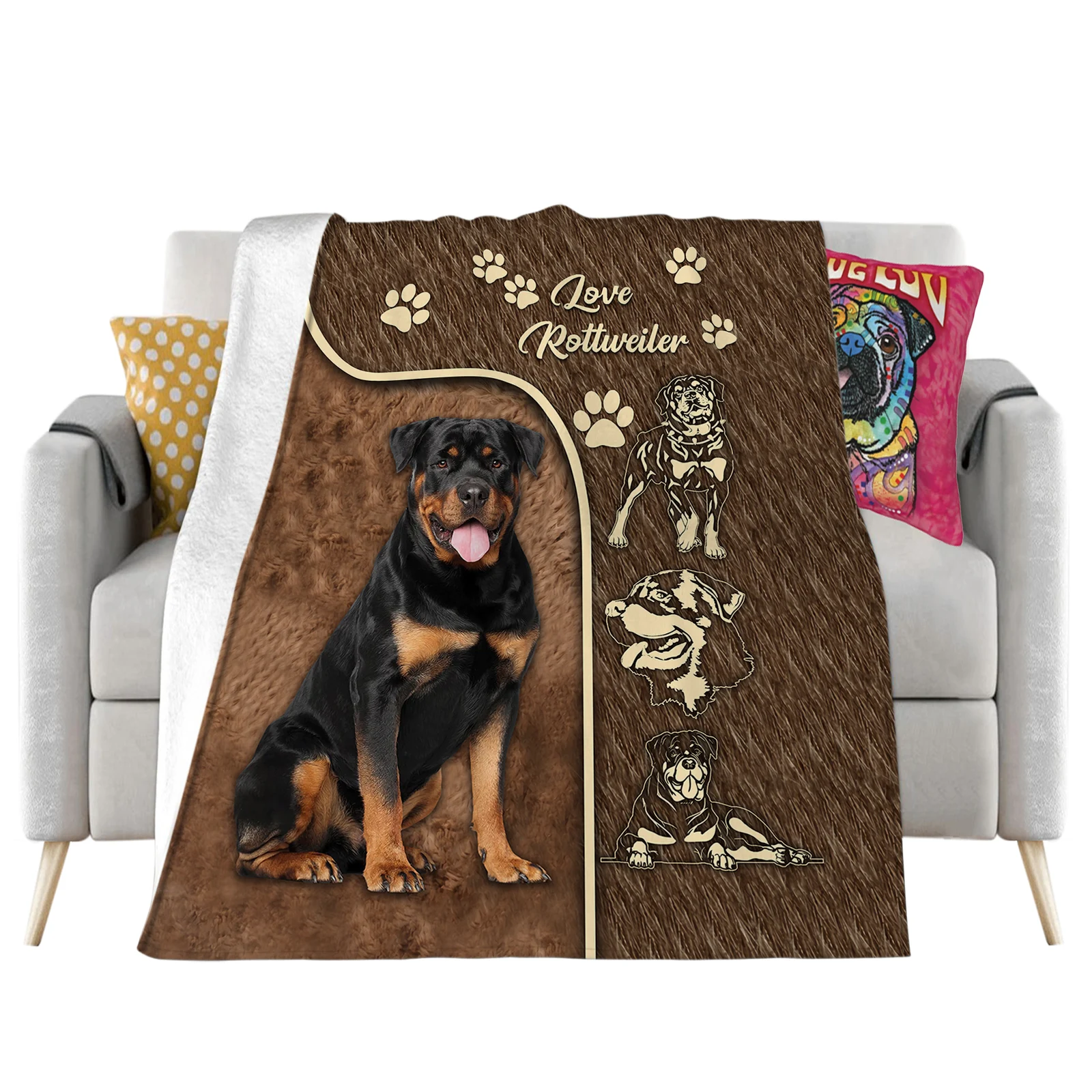 Love Rottweiler Blankets Animal Hair Flowers 3D Printed Throw Blanket for Sofa Office Nap Travel Portable Quilt Dropshipping