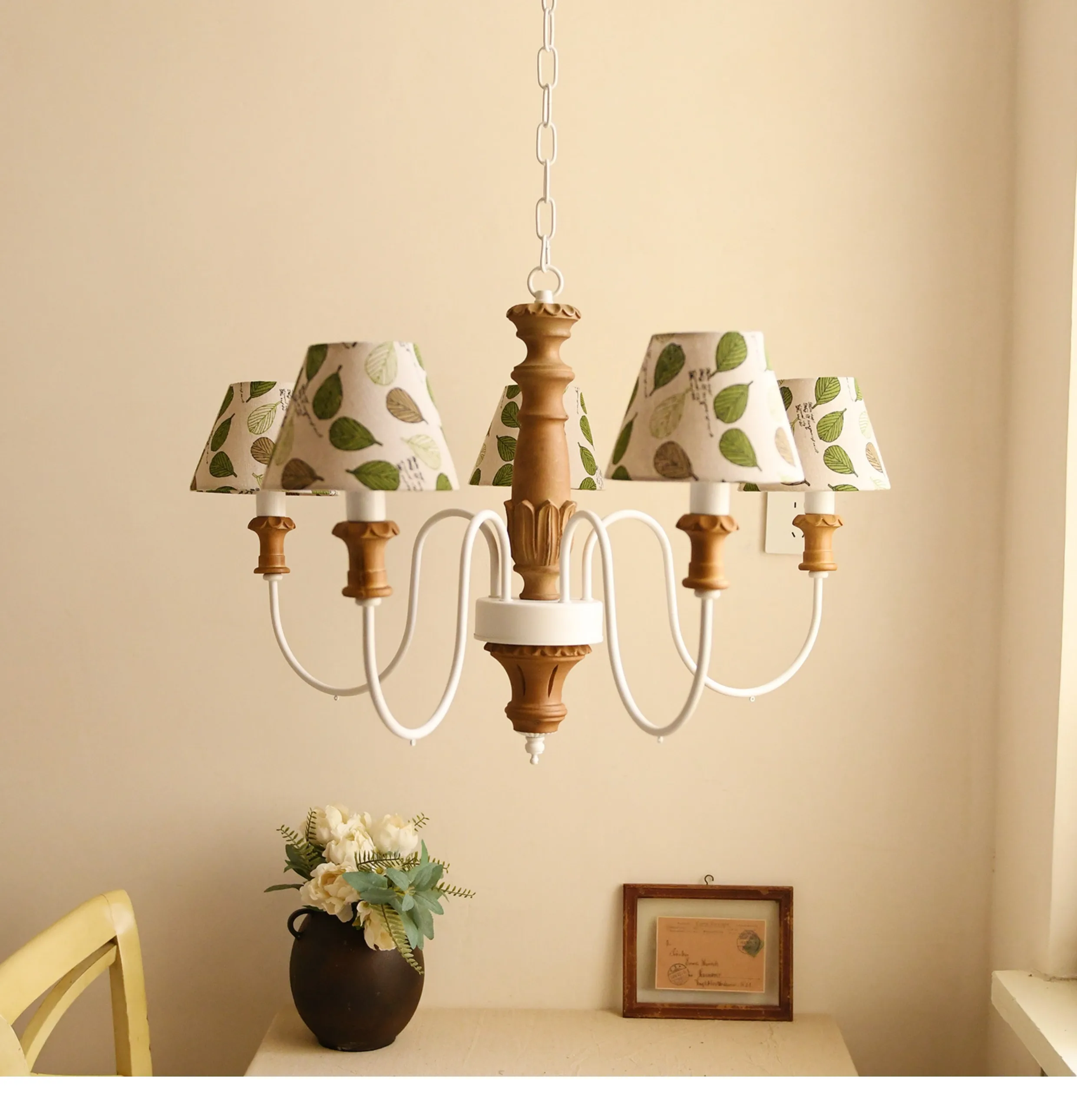 France Fresh Style Chandelier, 5-Light Modern Pendant with White Green Fabric Shades For  Kitchen Island, Dining Table Living