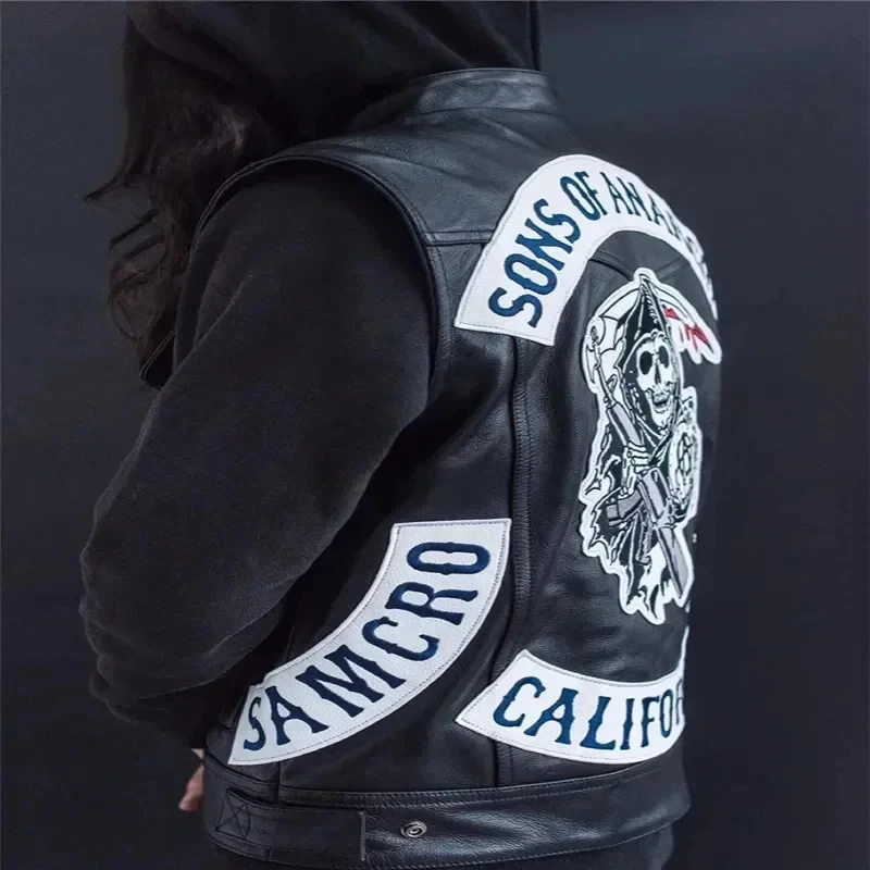 ABC123Leather Men Motorcycle Cosplay Costume Sleeveless Jacket Sons An Embroidery Rock Punk PU Vest V Neckb;6'j,k.9;a view 3