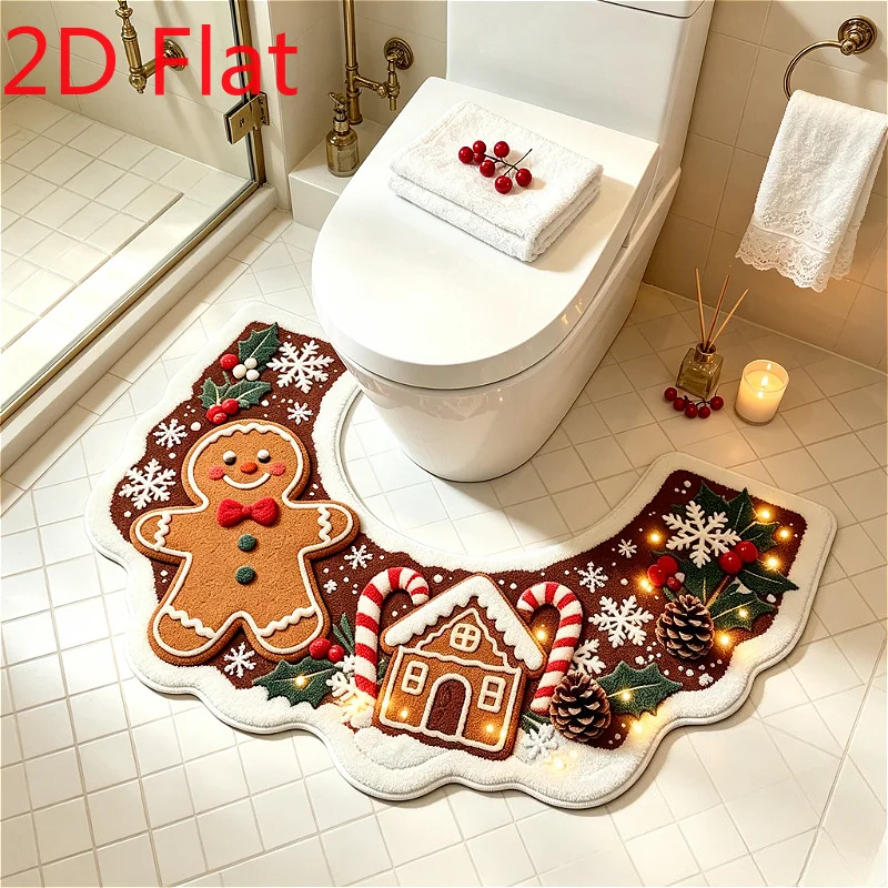 VIKAMA Flannel U Shape Christmas Toilet Mat Santa Claus Christmas Tree Stockings Non Slip Soft Absorbent Toilet Mat Bathroom Rug