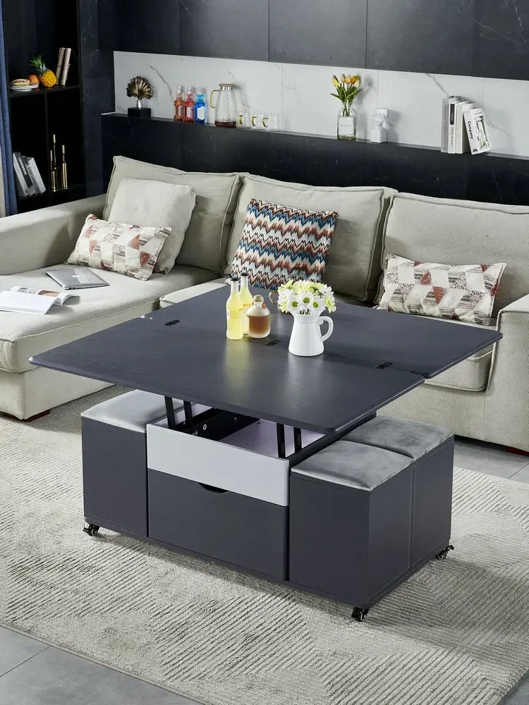 Elevated full-length bottom plate lifting coffee table, modern multifunctional rock board dining table, dual-purpose with stool